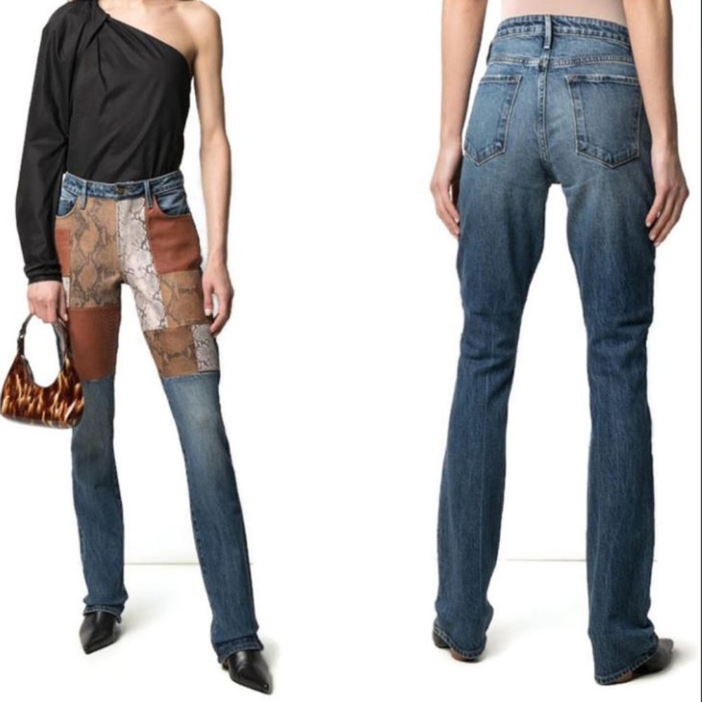 Frame Denim Women's Boot Cut Jeans with Brown Patchwork and Blue Denim